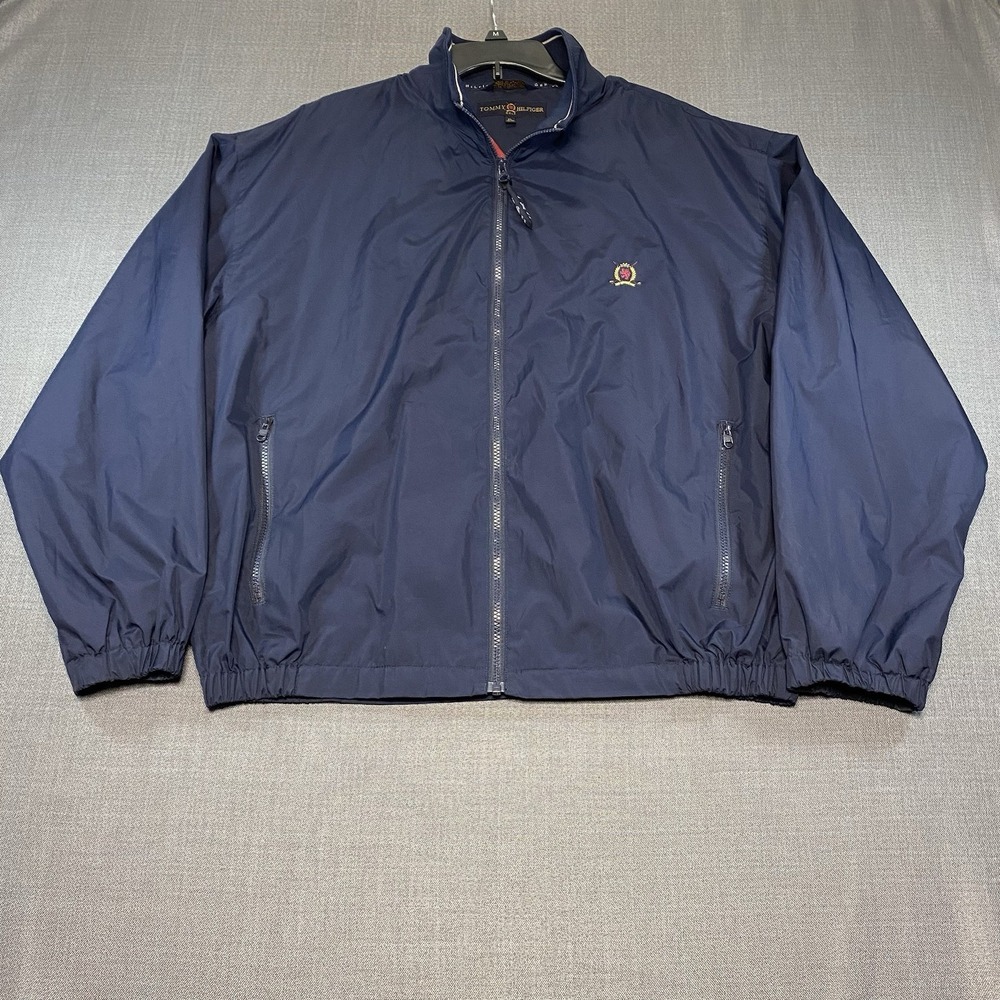 Vtg Tommy Hilfiger Golf Mens Windbreaker Jacket XL Navy Sports Crest Logo Retro